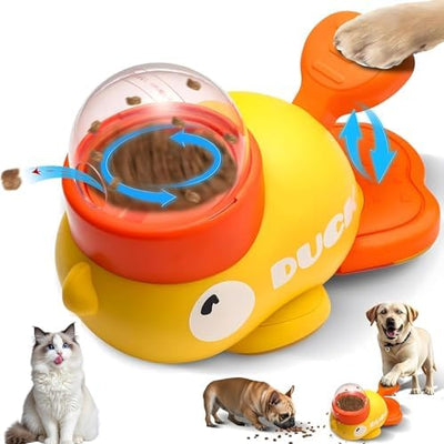 Interactive Dog Treat Dispenser Toy, Duck Shape Puzzle Feeder with Press Button and Rotating Design, Yellow and Orange, Slow Feeding Game for Dogs and Cats|B0GDTWSSXC