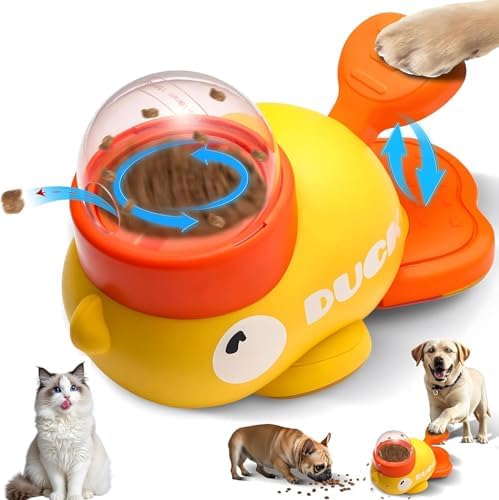 Interactive Dog Treat Dispenser Toy, Duck Shape Puzzle Feeder with Press Button and Rotating Design, Yellow and Orange, Slow Feeding Game for Dogs and Cats|B0GDTWSSXC