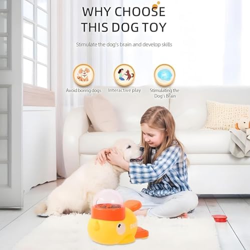 Interactive Dog Treat Dispenser Toy, Duck Shape Puzzle Feeder with Press Button and Rotating Design, Yellow and Orange, Slow Feeding Game for Dogs and Cats|B0GDTWSSXC