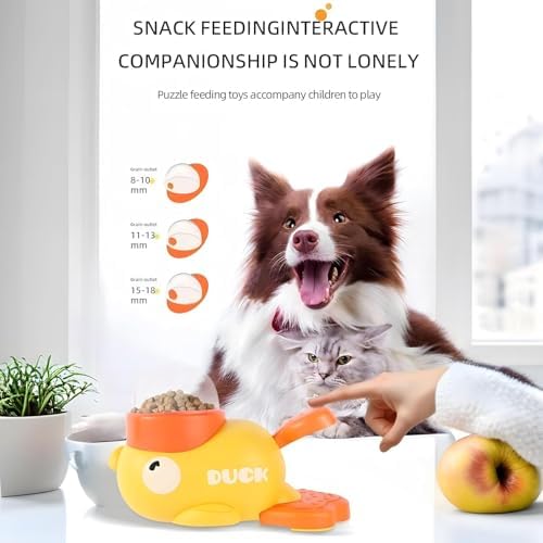 Interactive Dog Treat Dispenser Toy, Duck Shape Puzzle Feeder with Press Button and Rotating Design, Yellow and Orange, Slow Feeding Game for Dogs and Cats|B0GDTWSSXC
